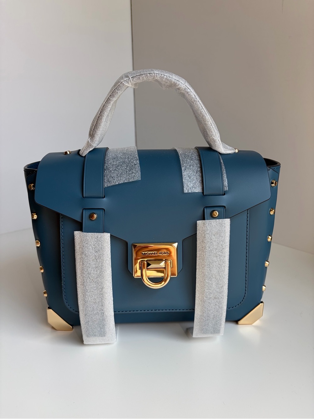 NWT Michael Kors Manhattan Leather Satchel Dark Chambray Dust Bag 30T9GNCS6L